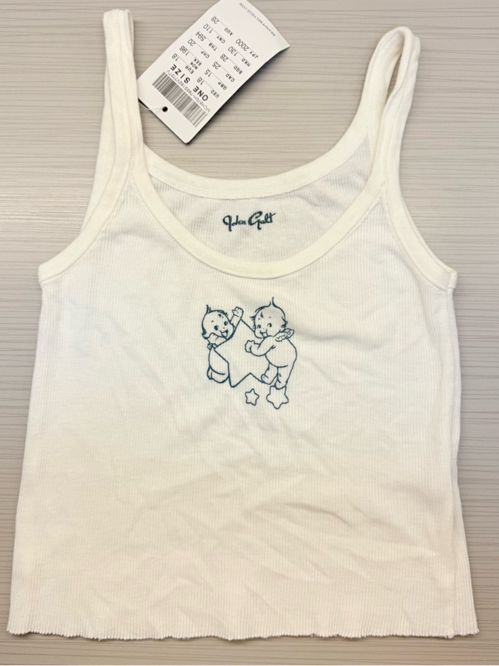 Brandy Melville John Galt White Ribbed Tank with Cute Kewpie graphic